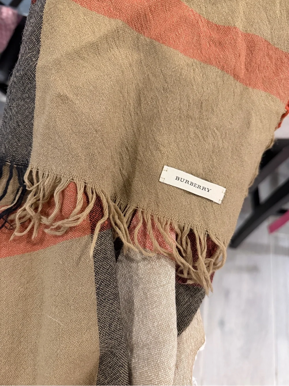 Burberry Plaid Fringe Trim Scarf in Tan, Black & Brown - Picture 4 of 4